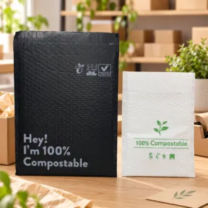 Black and white padded mailers displayed on a tabletop