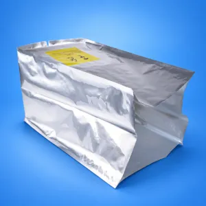 Large three-dimensional foil barrier bag with a yellow warning label