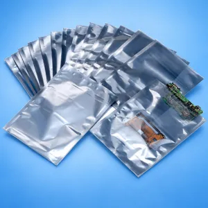 Assorted metallic shielding bags containing electronic parts