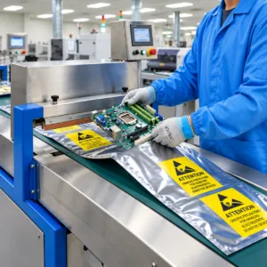 Gloved operator packing a circuit board into a shielding bag