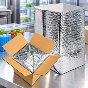 Reflective insulated liner standing beside a lined shipping carton