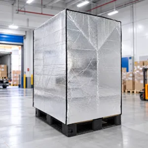 Tall reflective thermal cover fitted over palletized cargo
