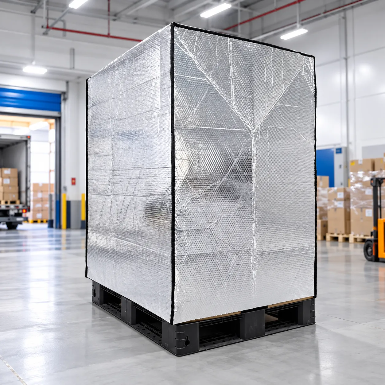 Tall reflective thermal cover fitted over palletized cargo