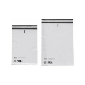 Two light-colored mailers showing adhesive closure strips