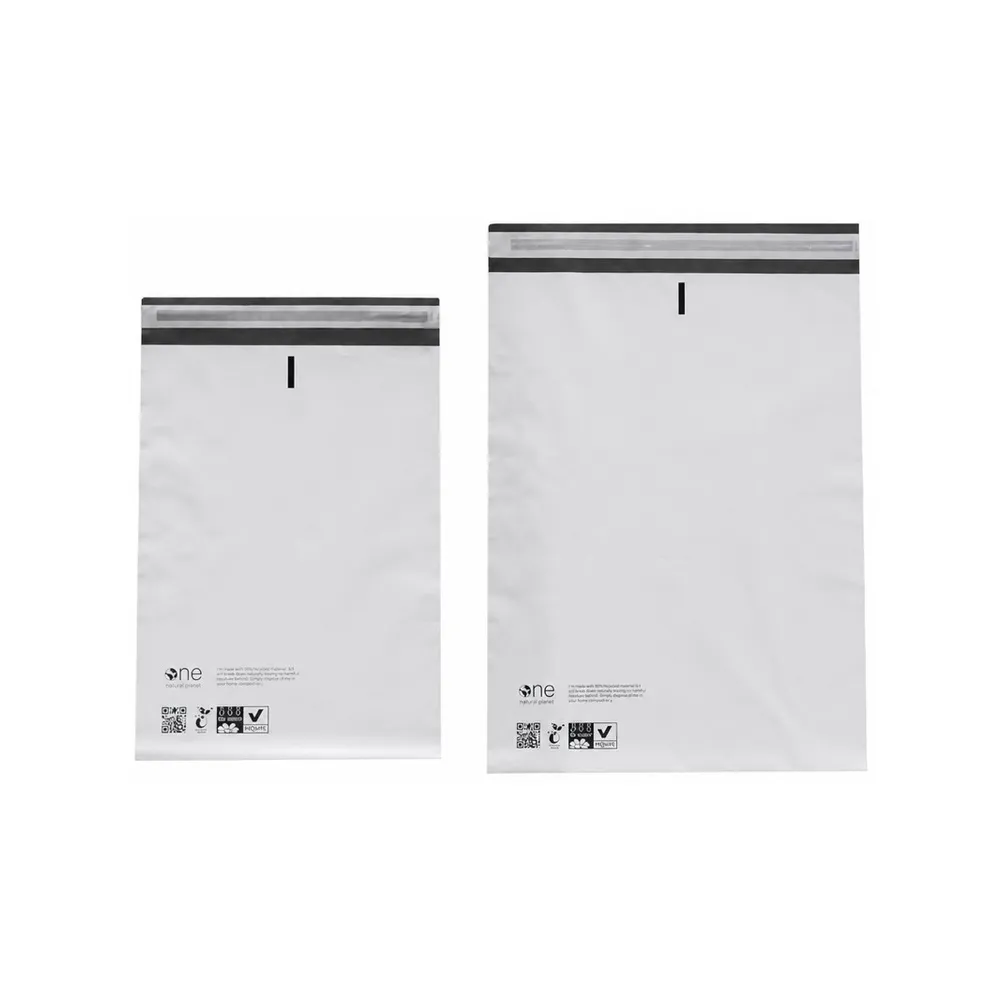 Two light-colored mailers showing adhesive closure strips