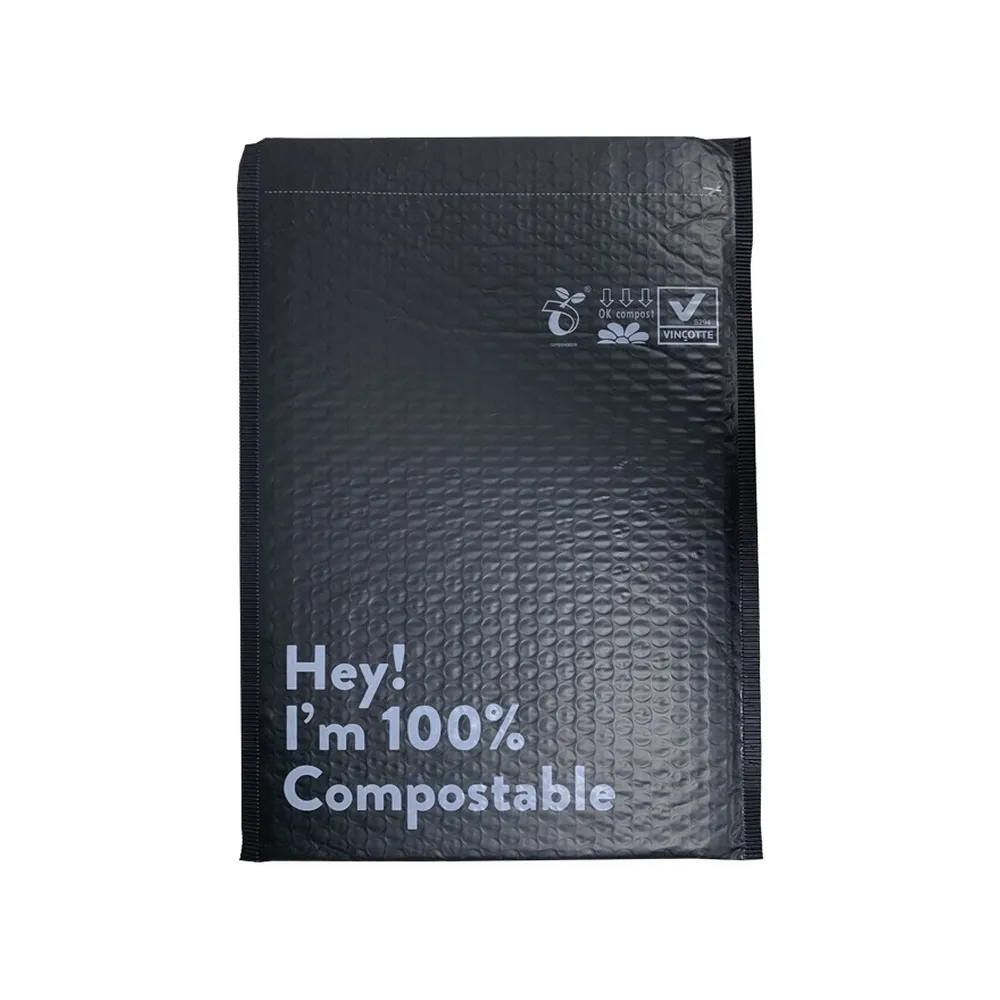 Black bubble mailer with a printed front panel