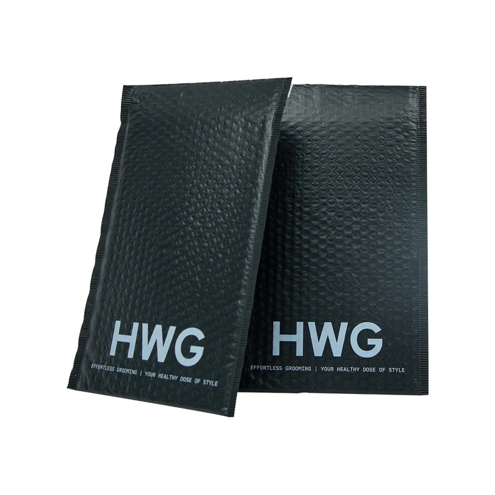 Two black padded mailers with printed logos
