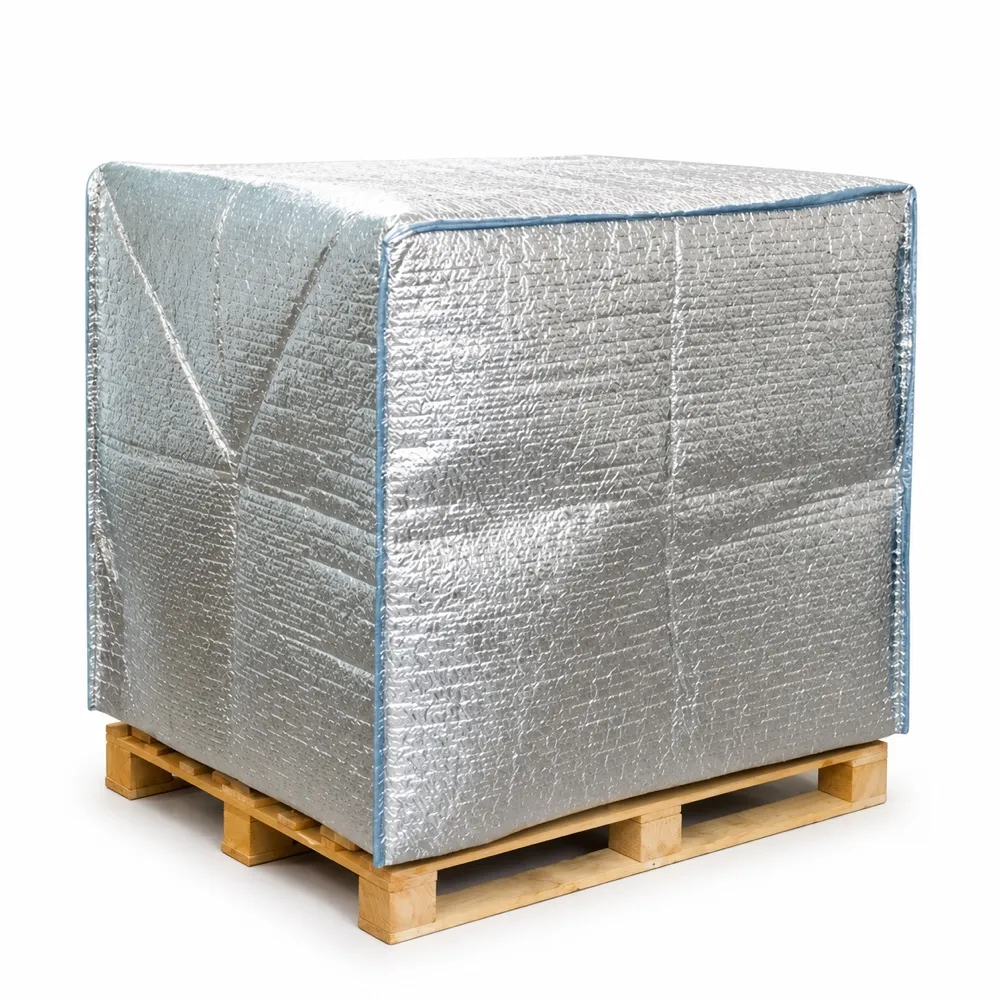 Silver bubble cover fitted to a palletized load