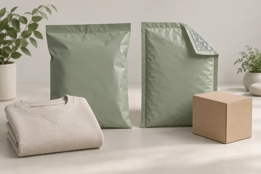 Illustration of plain and padded mailers beside a folded garment and a small carton