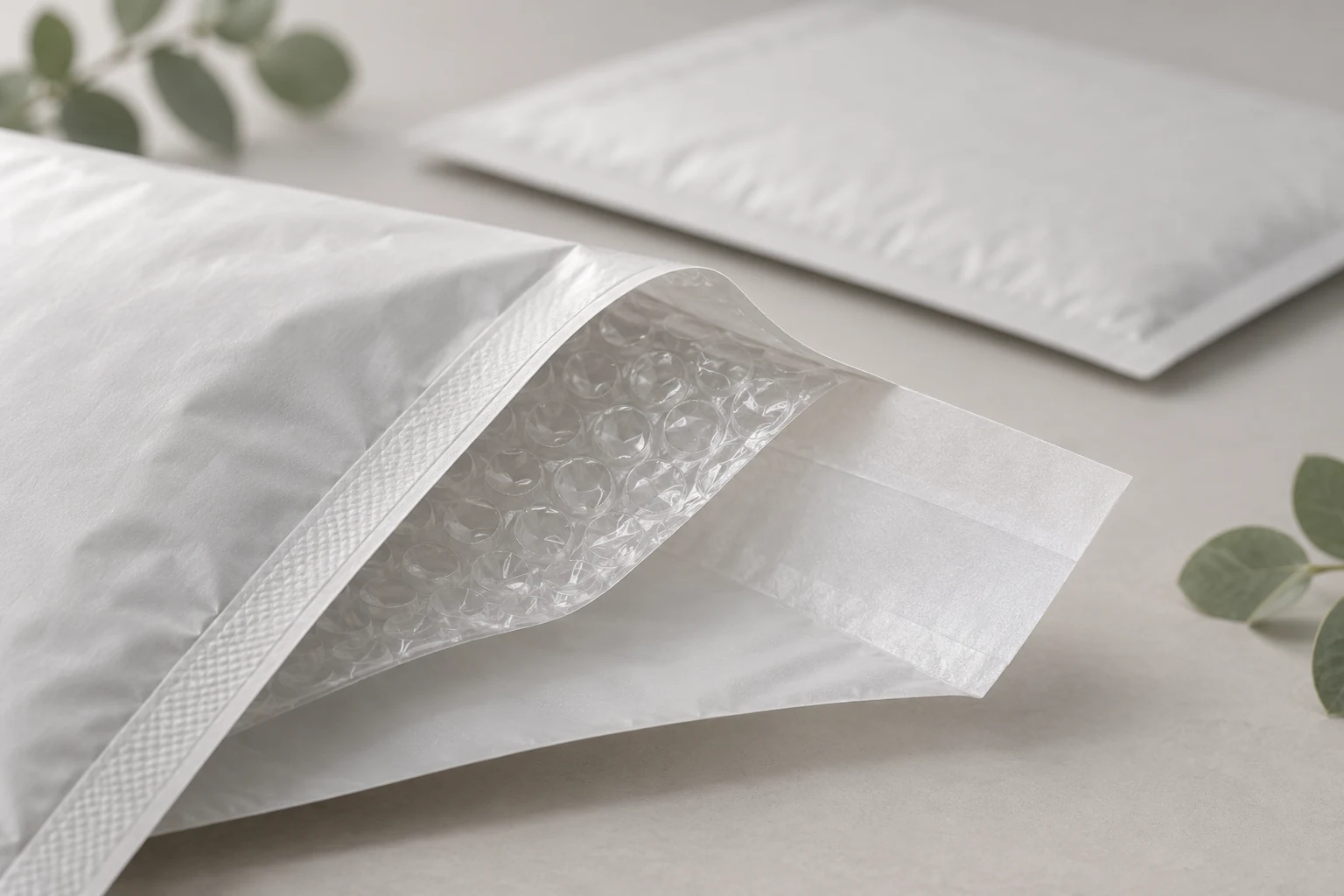 Illustration of a padded mailer edge showing outer film and bubble cushioning