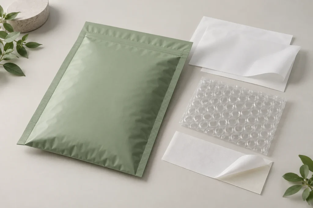 Illustration of a mailer and separate film, cushioning and closure material samples