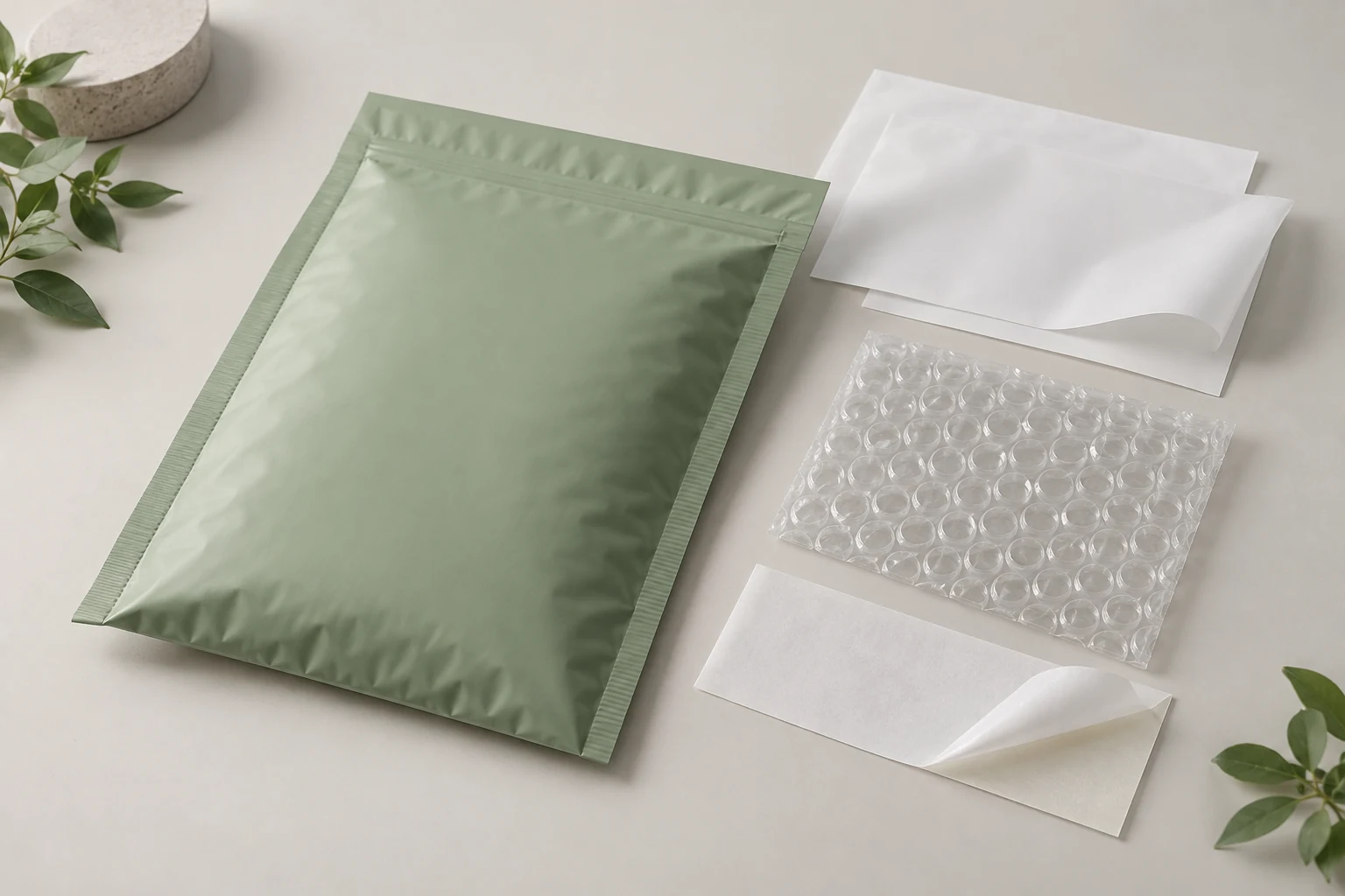 Illustration of a mailer and separate film, cushioning and closure material samples