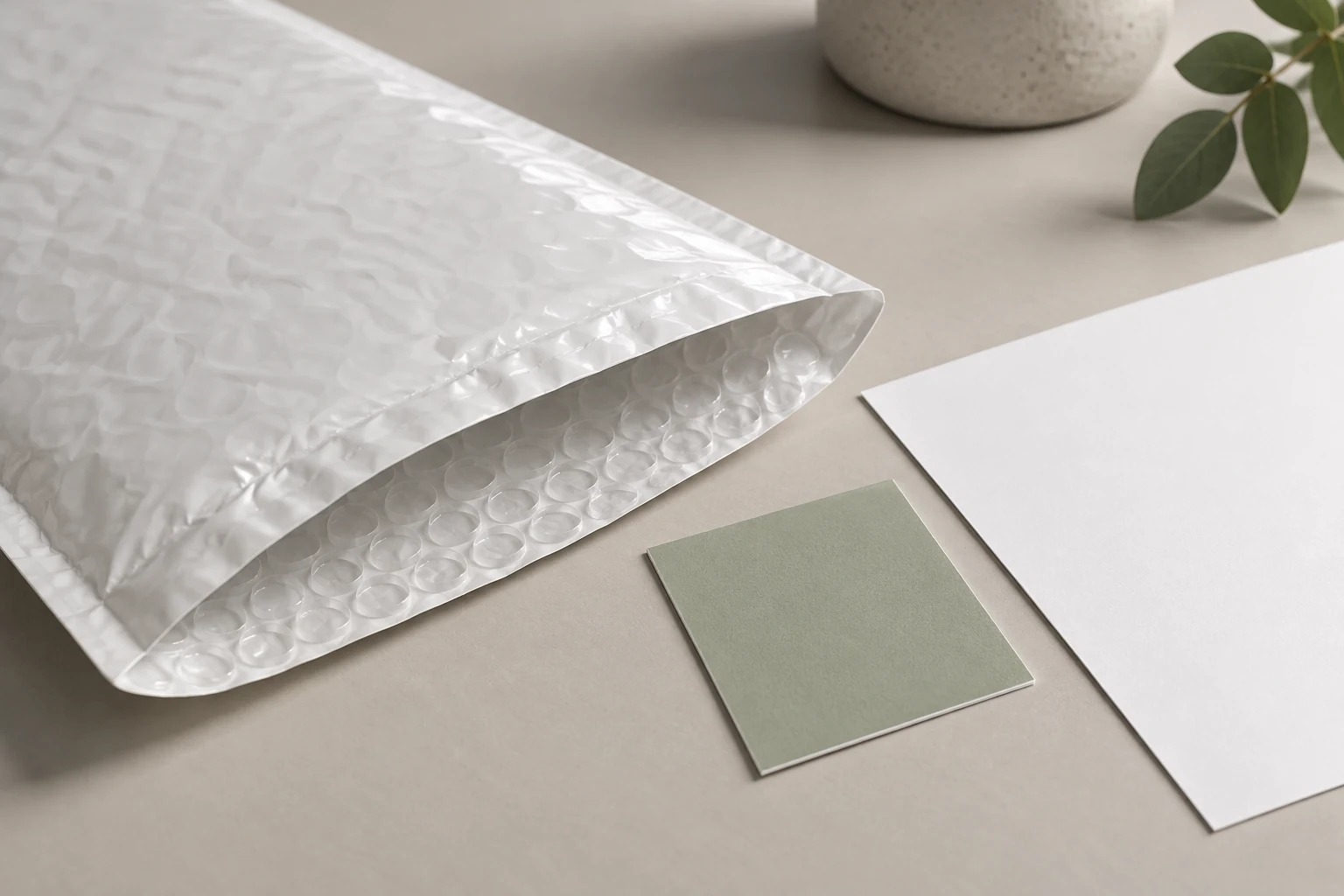 Illustration of a padded mailer edge beside a blank proof sheet