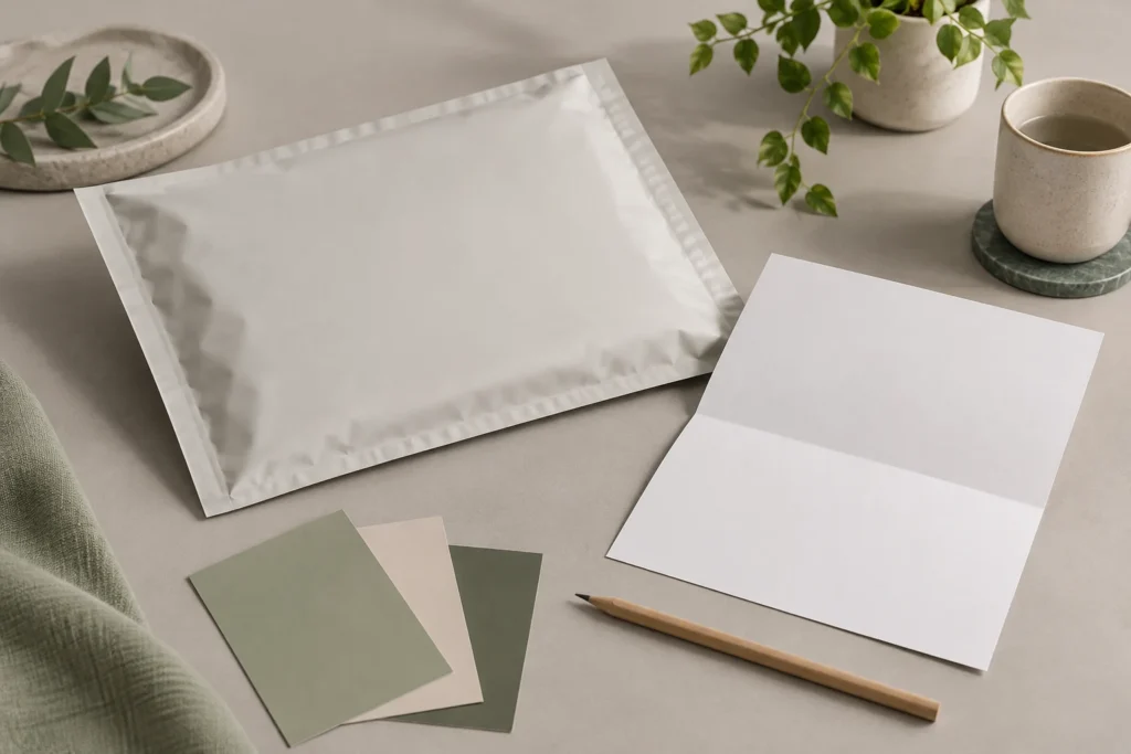 Illustration of a blank mailer, proof sheet and color swatches