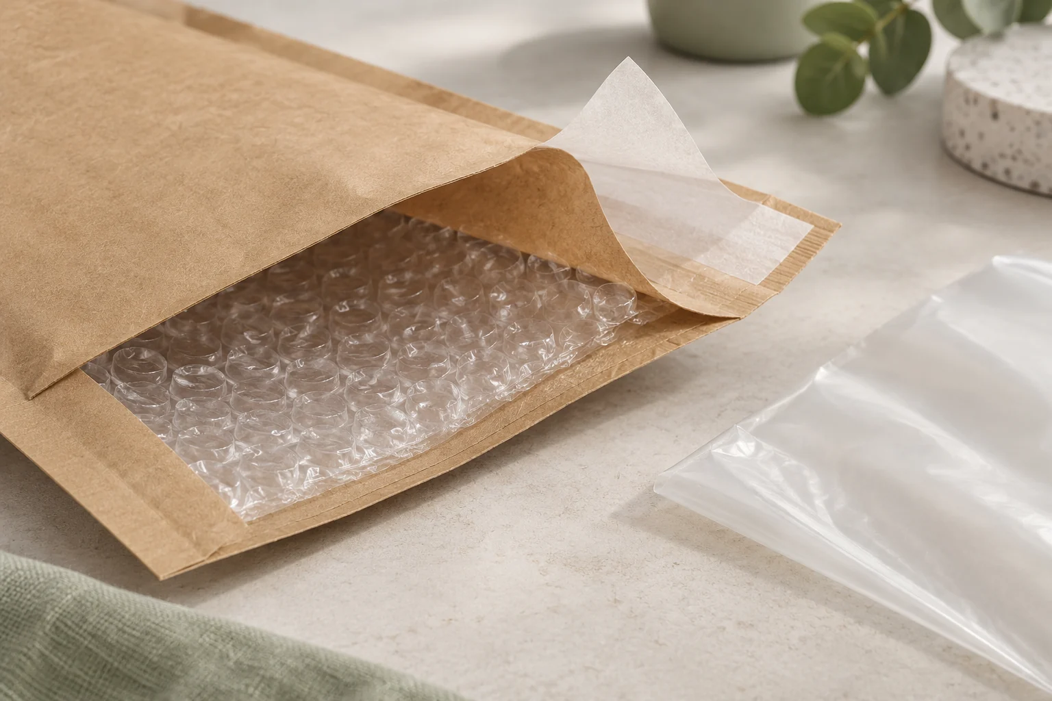 Close view of generic kraft mailer cushioning and closure layers