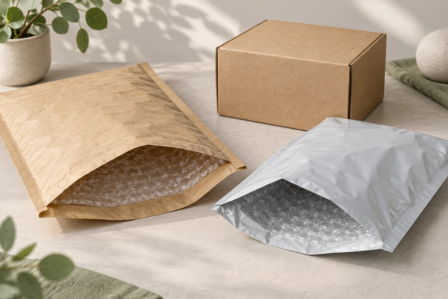 Generic kraft and film padded mailers on a neutral table