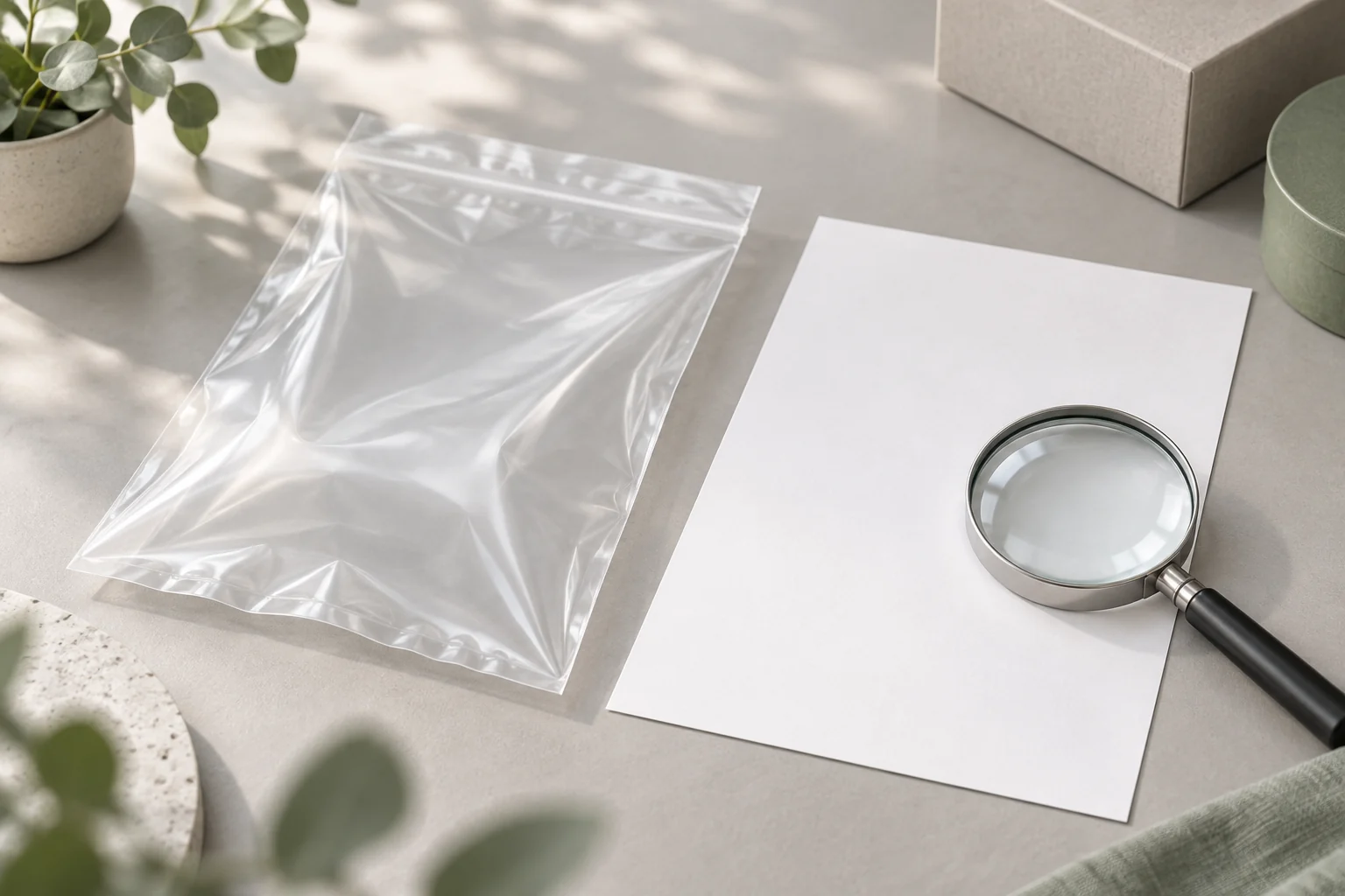 Plain packaging film and blank documents with a magnifying glass