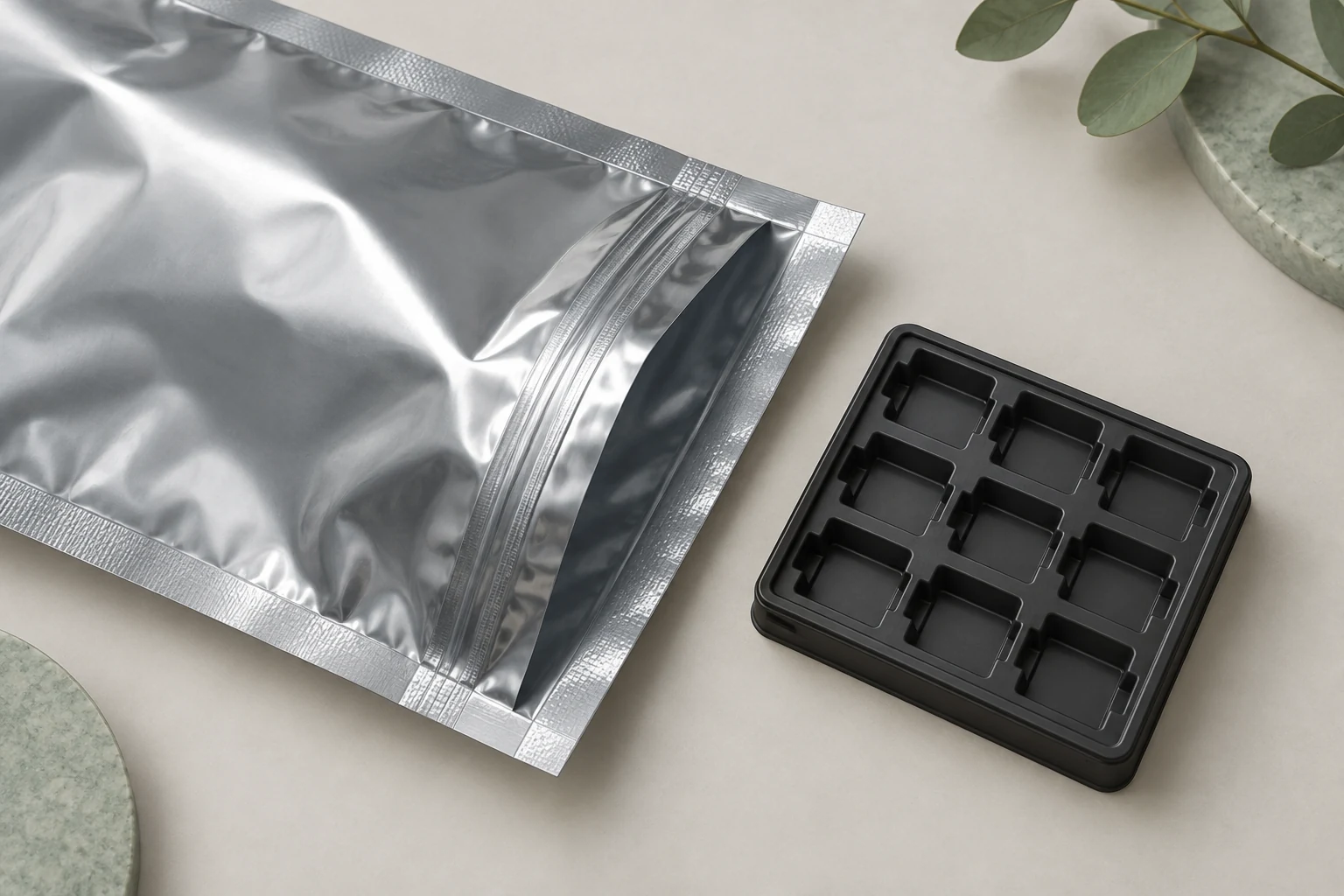 Illustration of a metallic bag opening and an adjacent empty tray for fit review