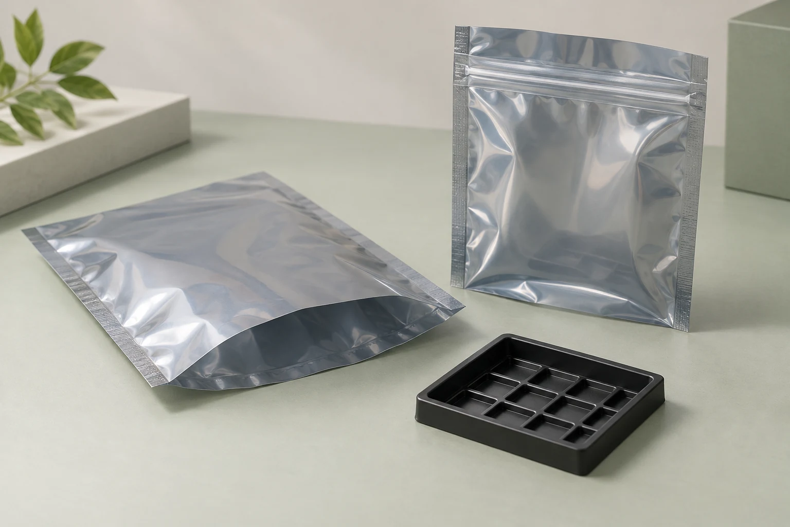 Illustration of open-top and zipper shielding-style bags beside an empty component tray