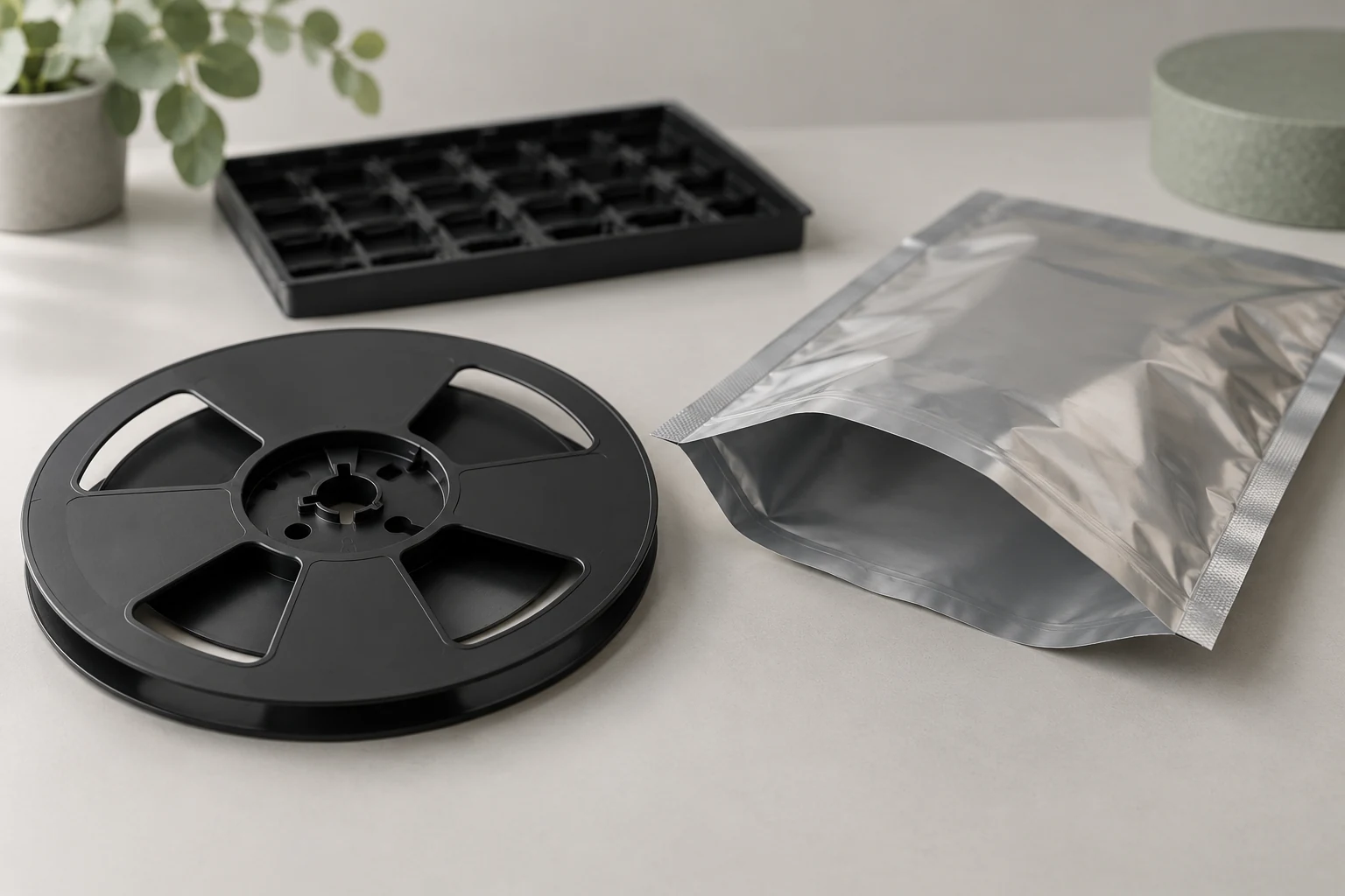 Illustration of an empty reel beside an open metallic bag