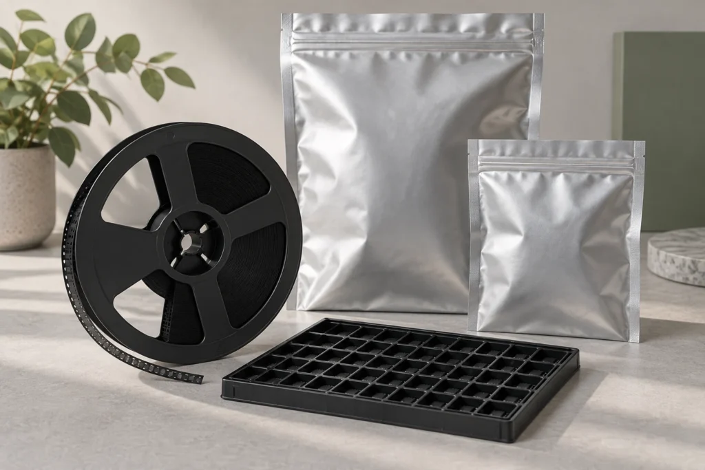 Illustration of an empty component reel and tray beside metallic bags