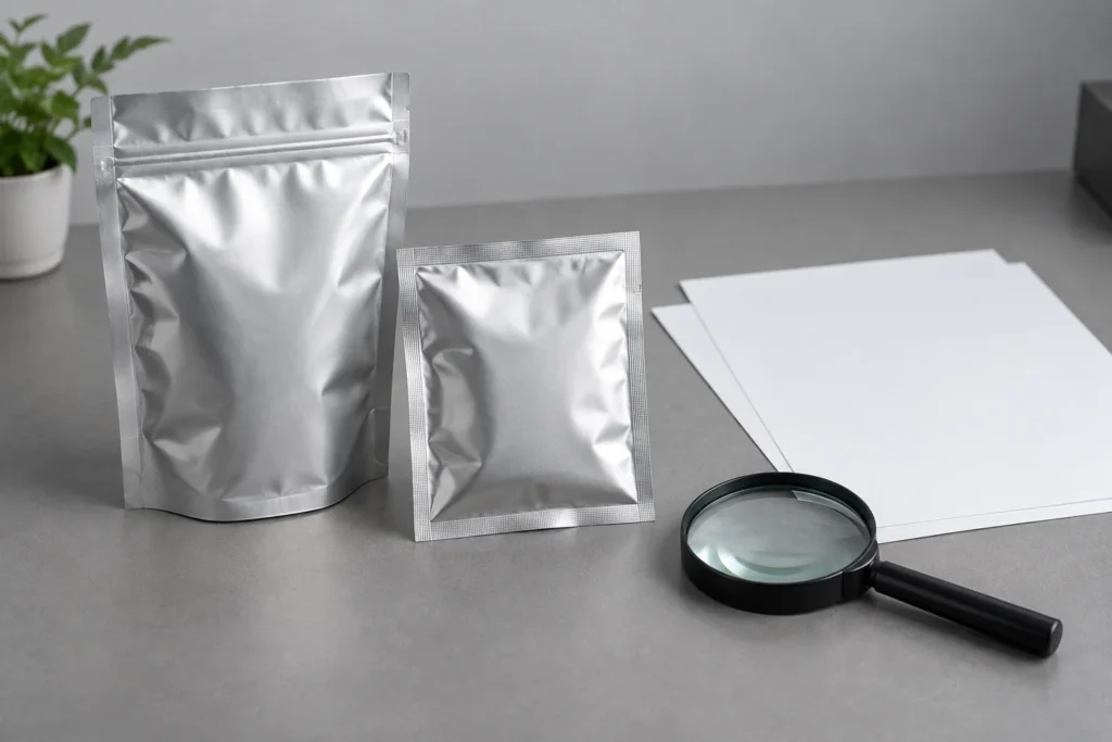 Generic metallic pouches and blank documents for evidence review