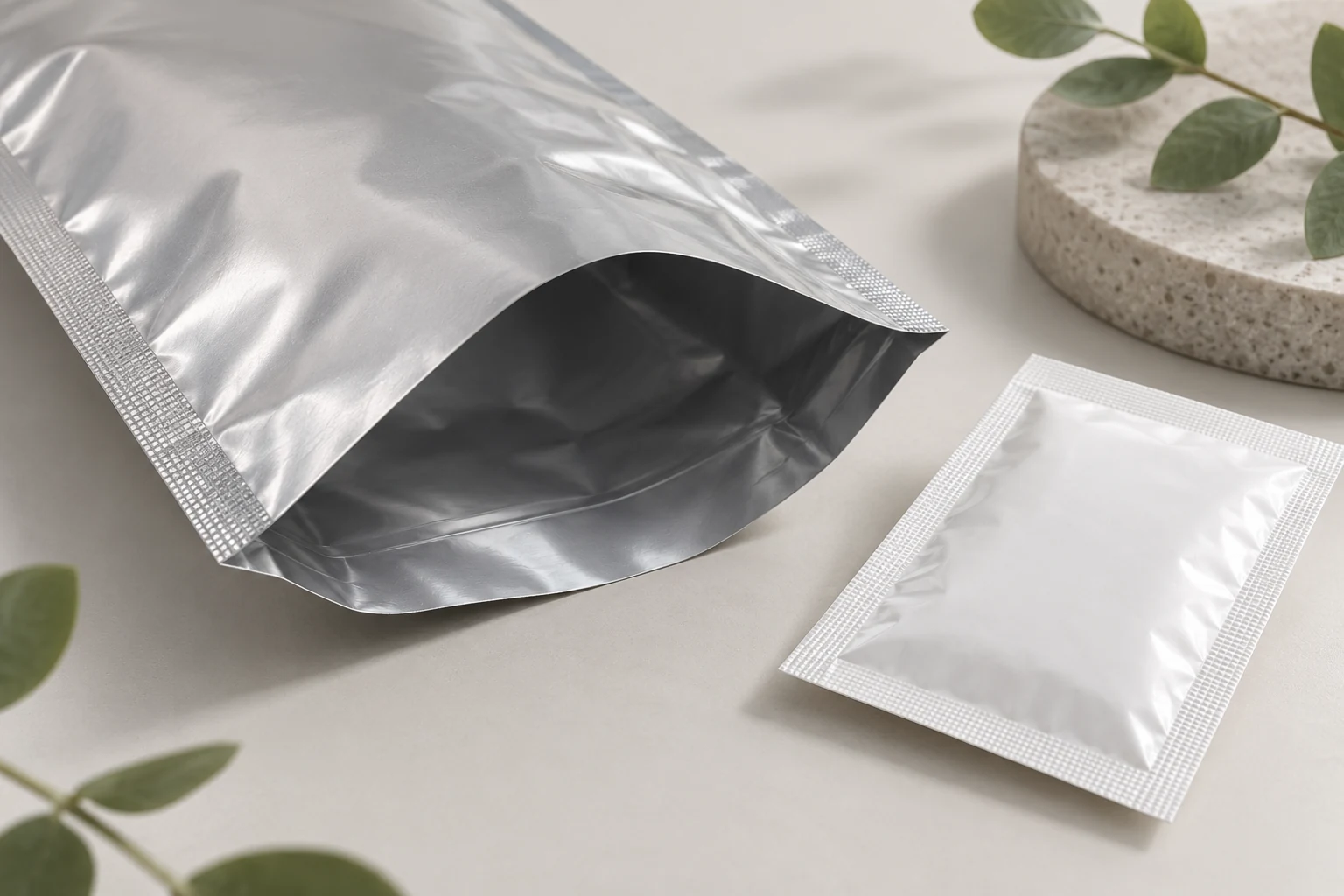 Illustration of a barrier pouch opening and sealed side seam beside a plain sachet