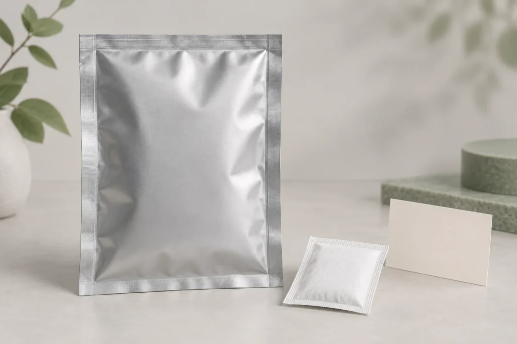 Illustration of an opaque barrier pouch, a plain sachet and an unmarked card