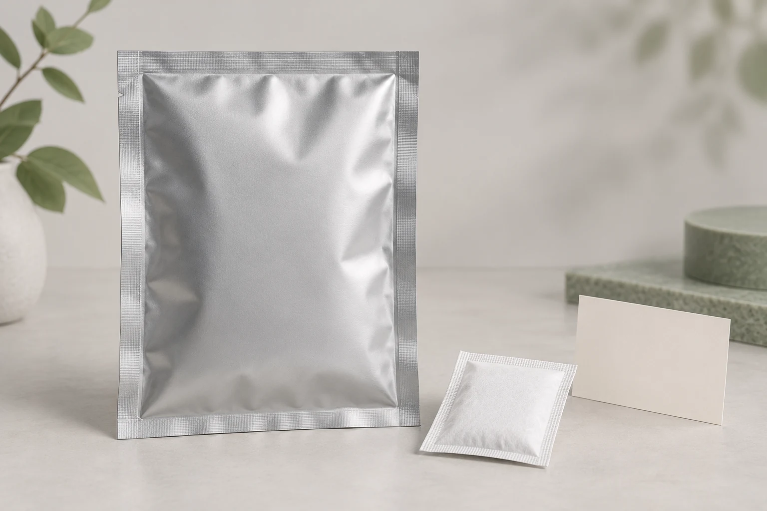 Illustration of an opaque barrier pouch, a plain sachet and an unmarked card