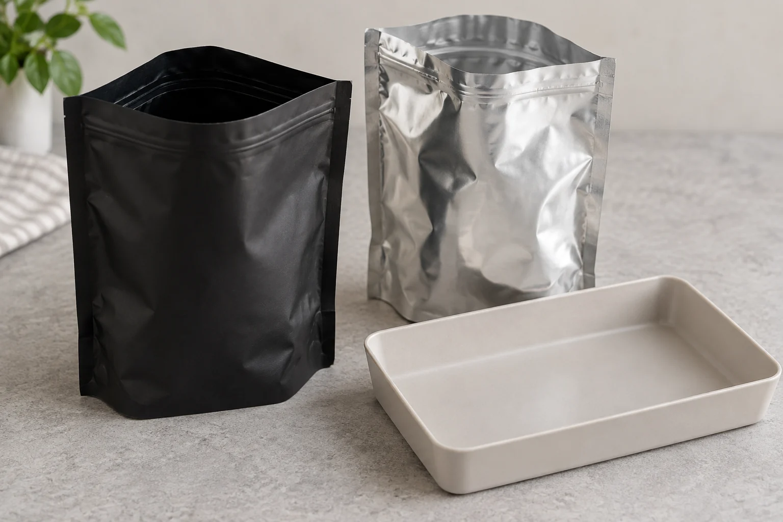 Open generic black and silver bags beside an empty tray