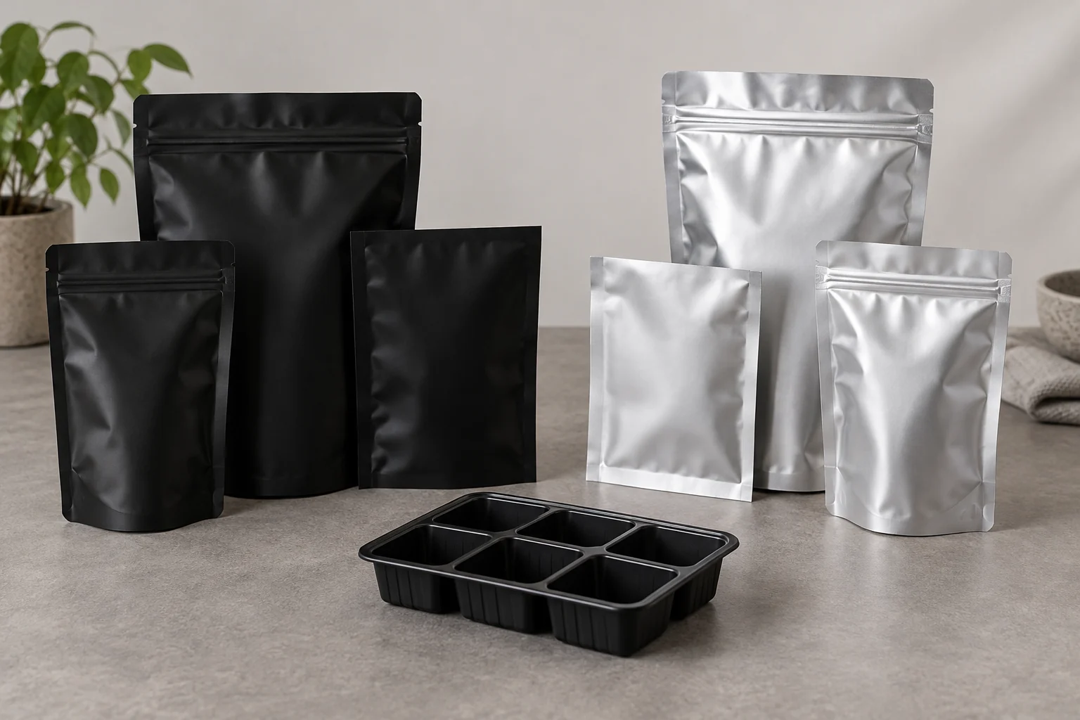 Plain black and silver packaging pouches with an empty tray