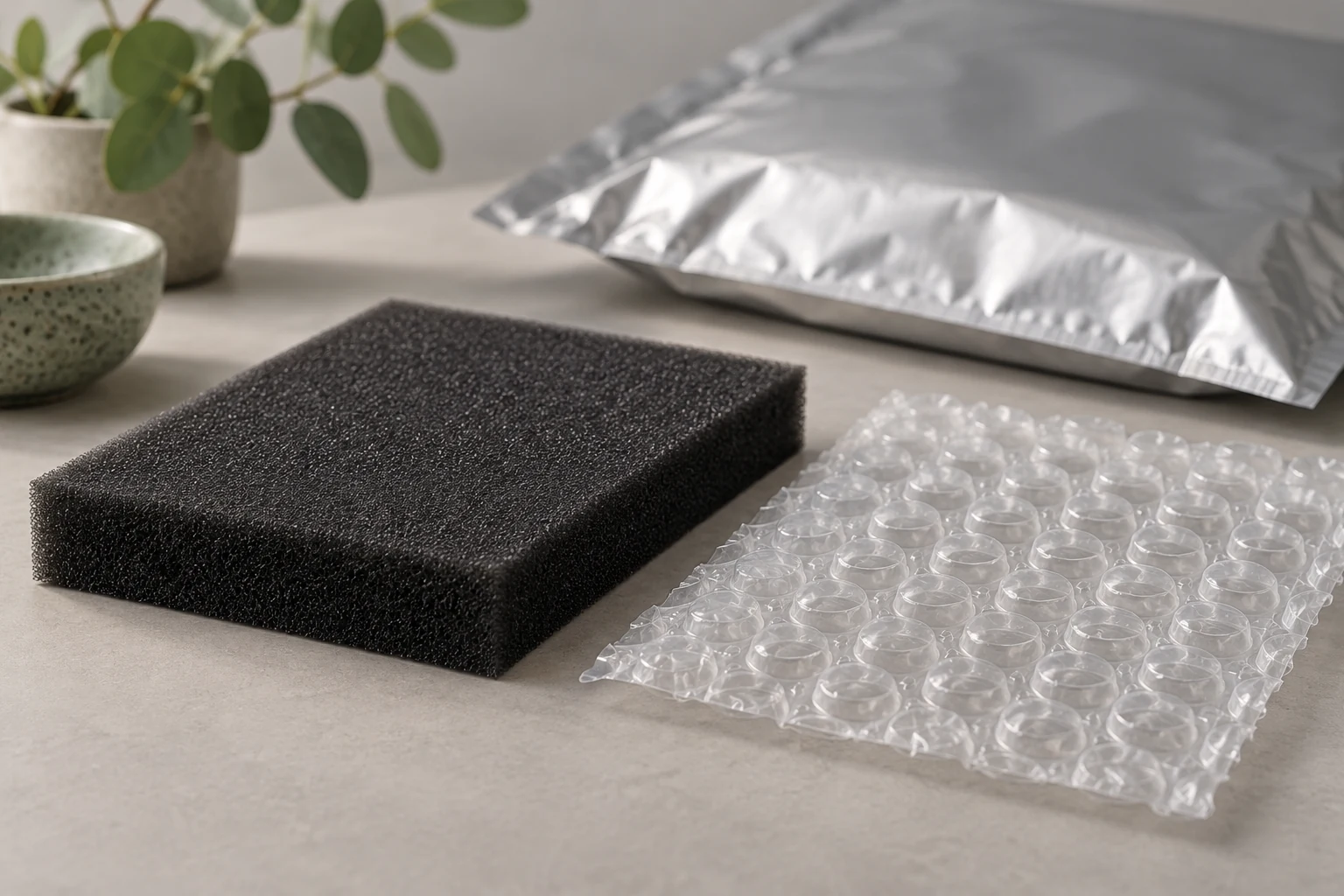 Illustration comparing a foam pad and bubble cushioning textures