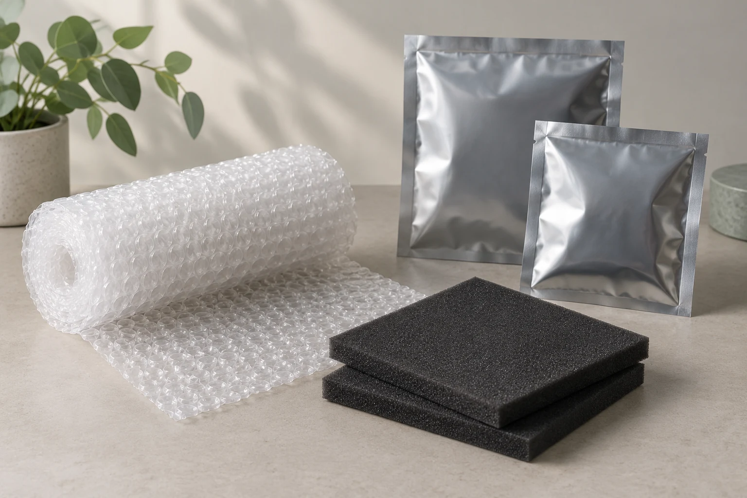 Illustration of cushioning materials and separate metallic packaging bags