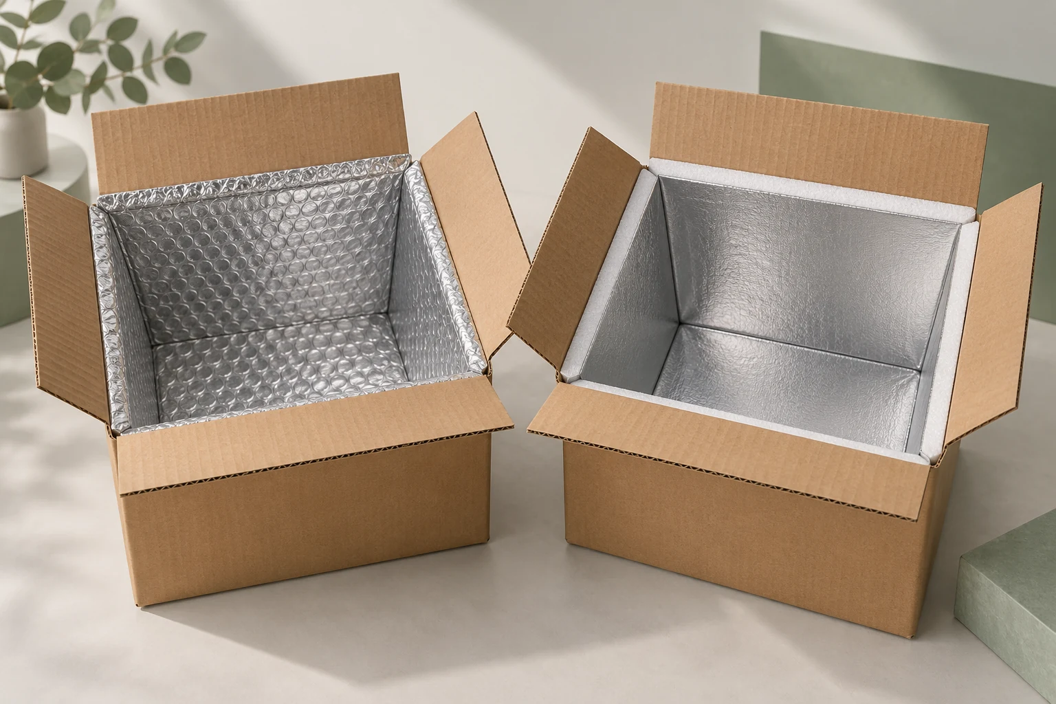 Illustration comparing bubble-lined and foam-lined shipping cartons