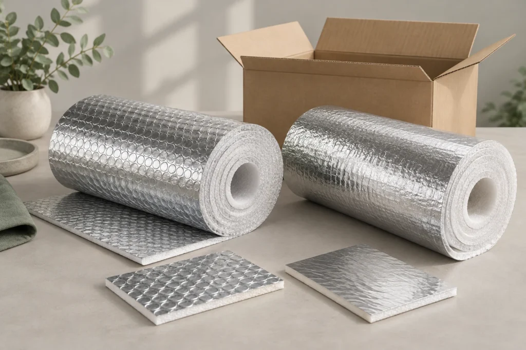 Illustration of reflective insulation rolls and material samples