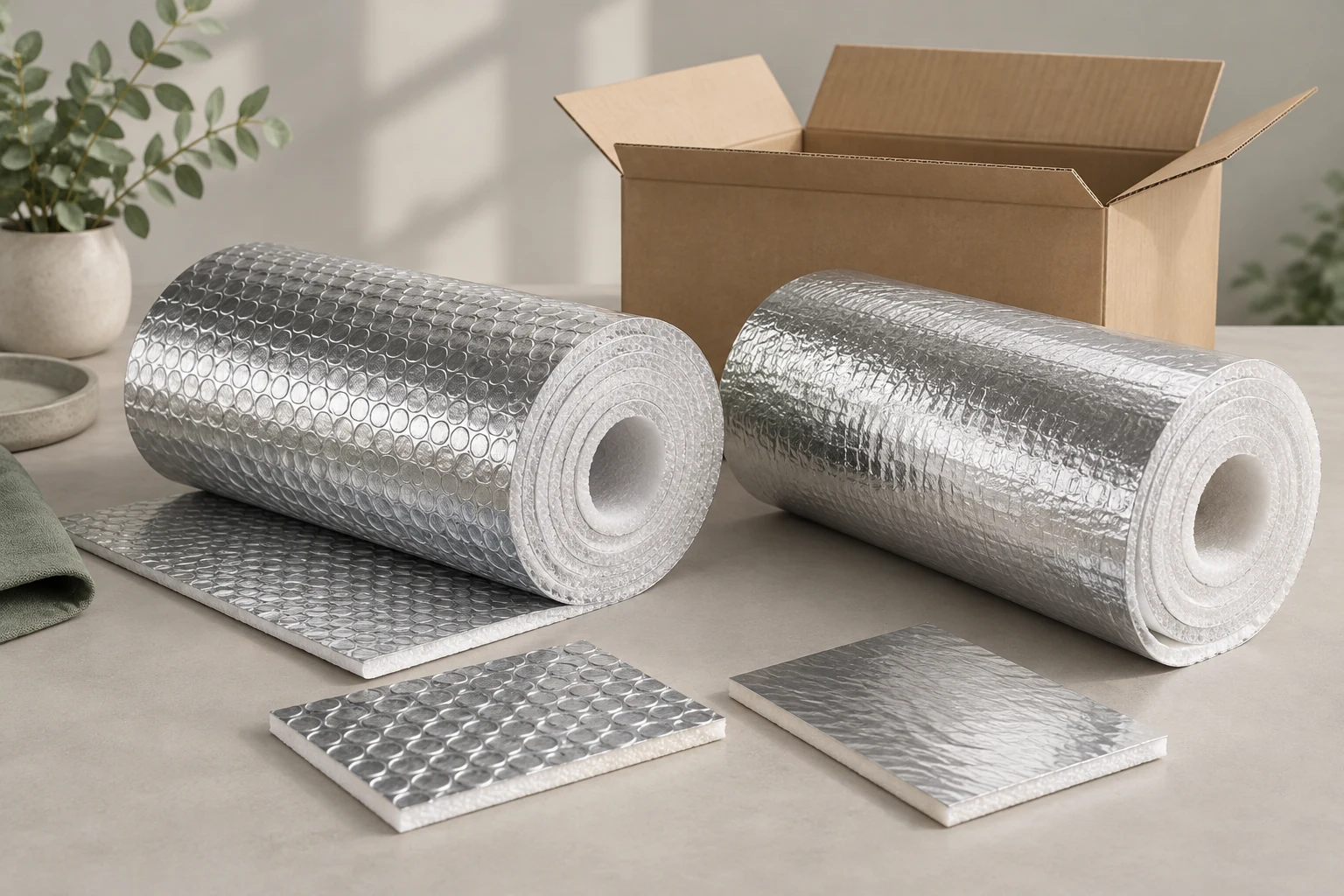 Illustration of reflective insulation rolls and material samples