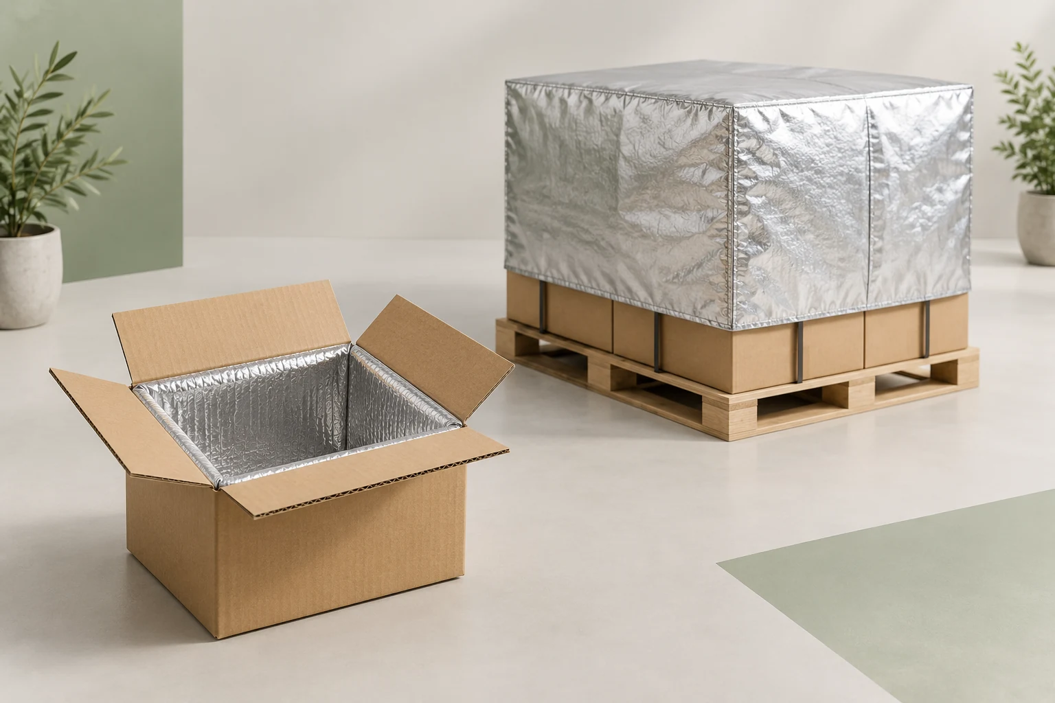 Illustration of a lined carton and a separately covered pallet