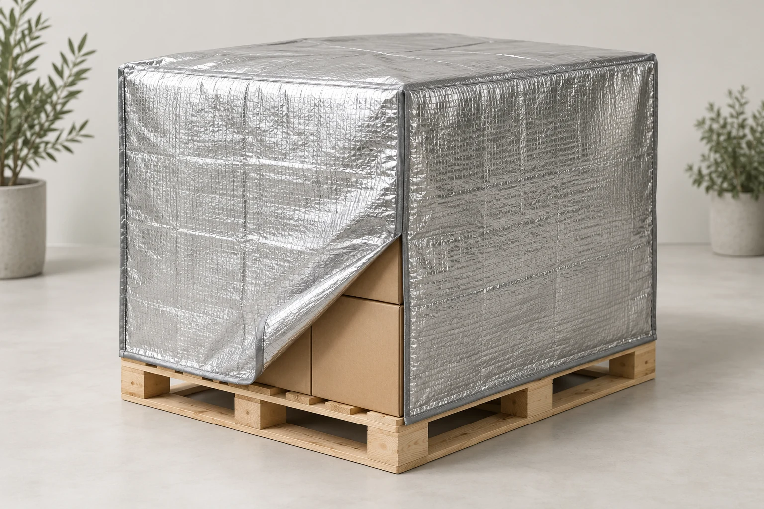 Illustration of an insulated cover fitted over cartons on a wooden pallet