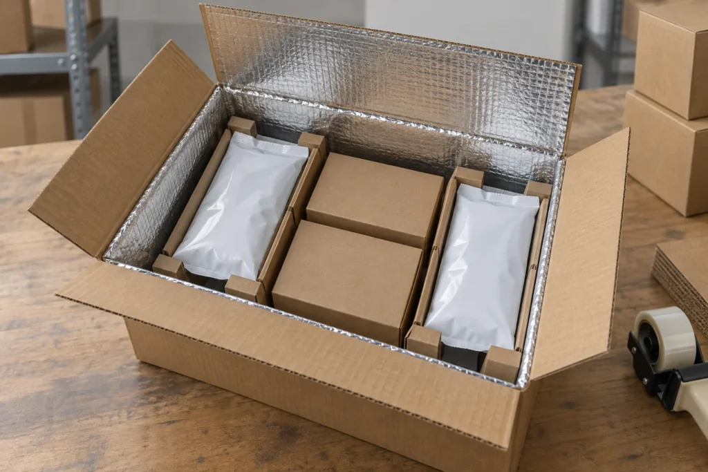 Conceptual lined carton with payload boxes and plain coolant pouches