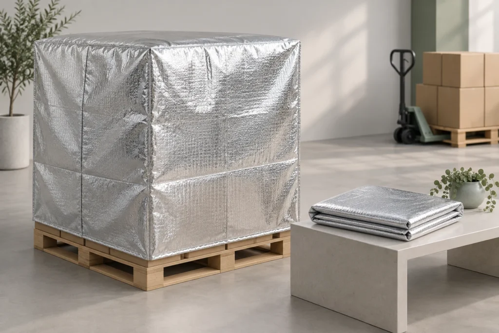 Illustration of a covered pallet and a folded cover for receiving review